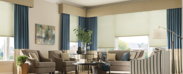 Custom Drapery Panels w. Cornice Box over Cellular Shades