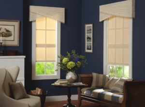 Two windows in a living room each with a cornice with diagonally arched pleating and trim over flat roman shades with the same trim.