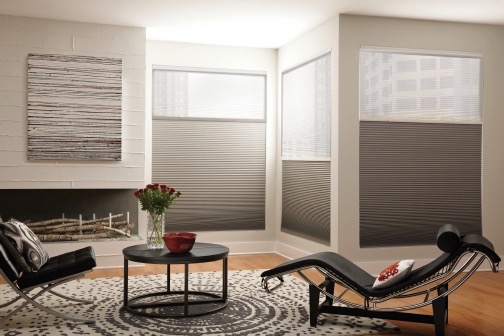 Living Room with Monochromatic Gray Window Treatments