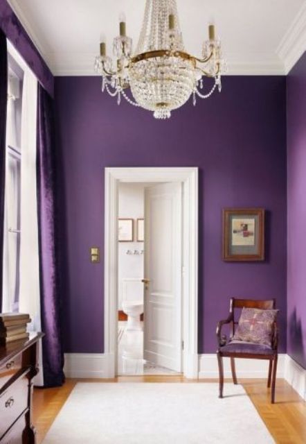 Hallway painted entirely ultraviolet with matching window treatments and complementing white trim and baseboards.