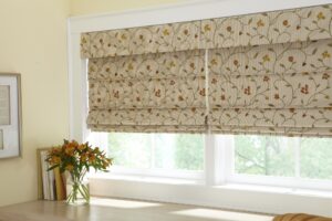Picture of Roman shades installed over a kitchen countertop.