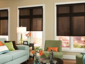 Picture of dark brown window shades in a living room.