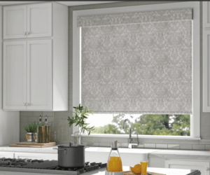Roller shades in a kitchen in a suburban home