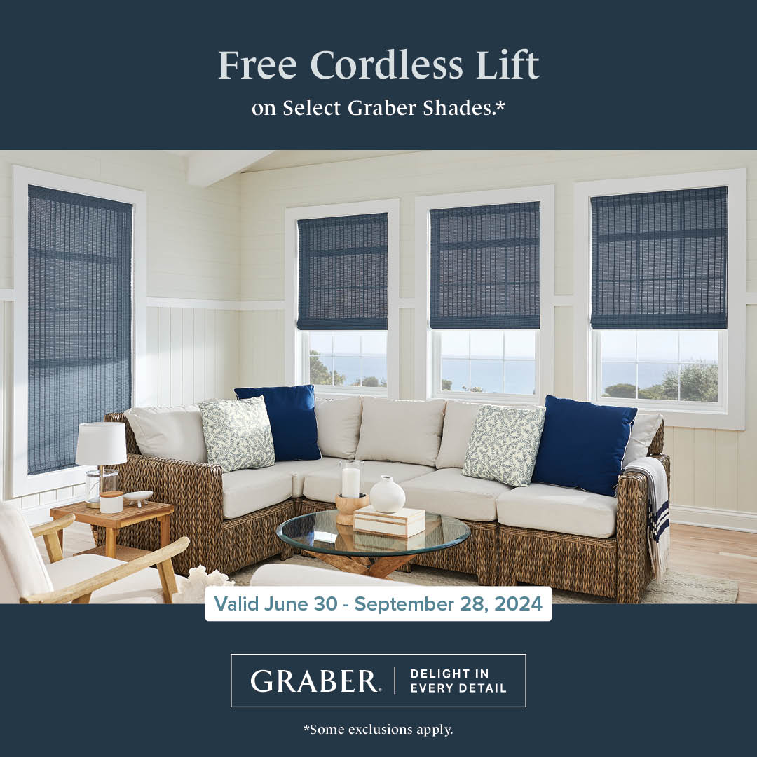 Free Cordless Lift on pleated, natural, roller, solar, classic, and tailored roman shades